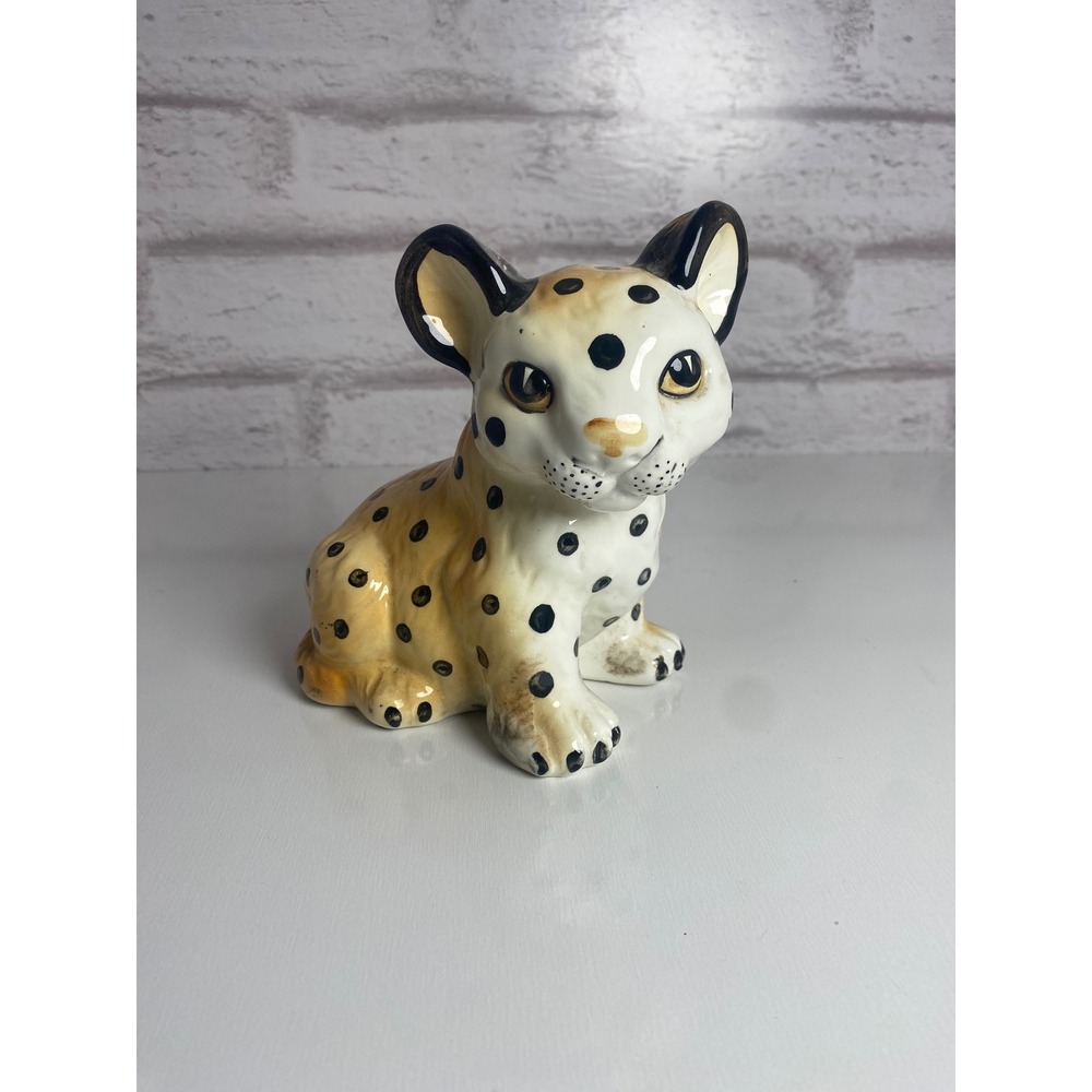 Vintage Ceramic Leopard Cub Figurine Spotted Wild Cat Statue Glossy Safari Decor